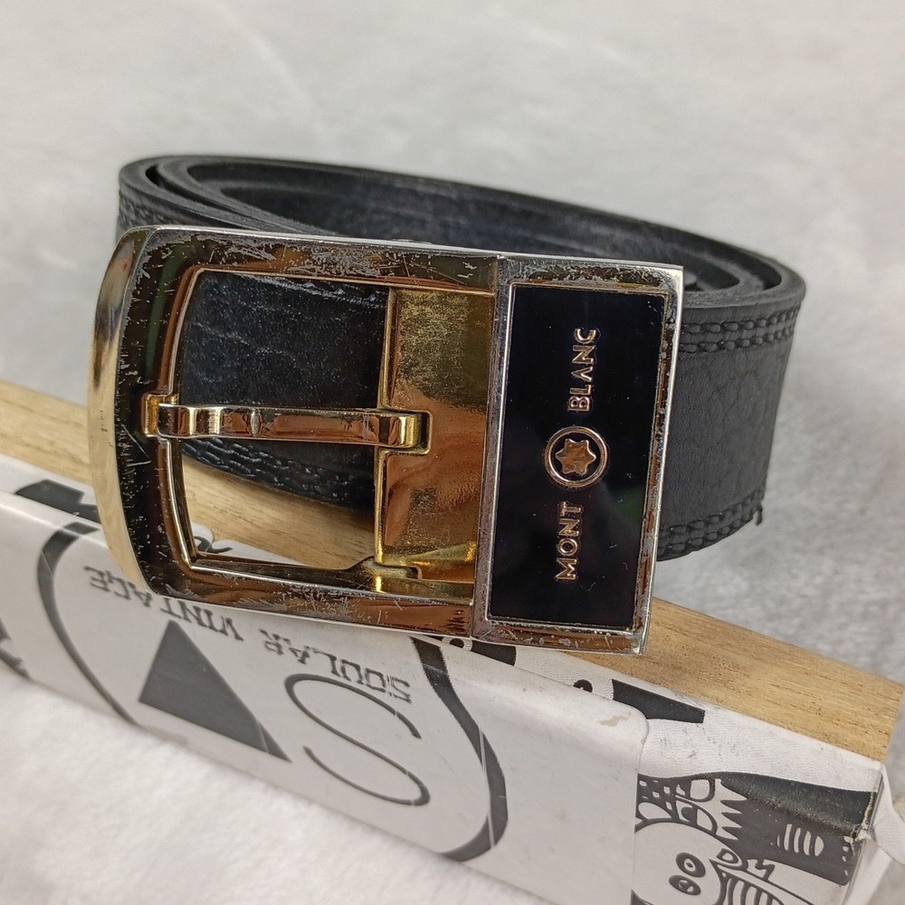 Montblanc 38in Belt Mens OS Black Excellent Gold Buckle Leather Logo Accessory